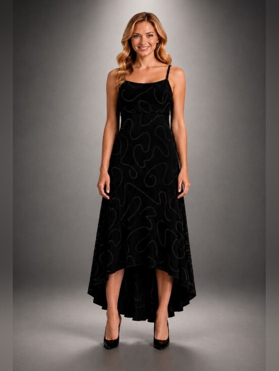 Andrea Quinn Dresses & Skirts - Y2K Andrea Quinn  Black Abstract Design Hi-low Ruffled Hem  Dress